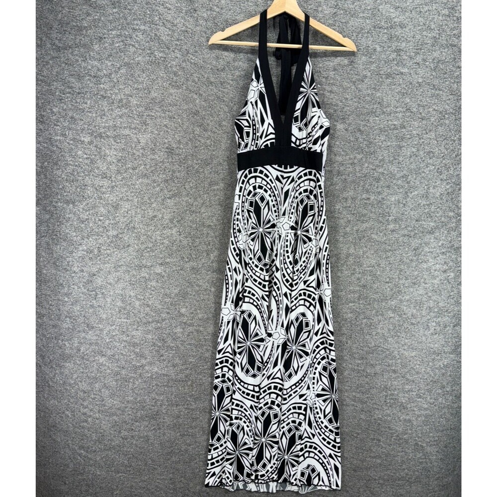 En Focus Studio Dress Women 6 White Geometric Maxi Long Sleeveless Halter Neck